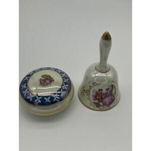 Lot of 2 Vintage Lusterware Fragonard Trinket Dish w/ Lid Bell Courting Couple